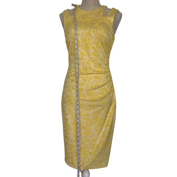 Yellow and white Cache size 2 fitted midi dress with ruche in the waist - Picture 10 of 12